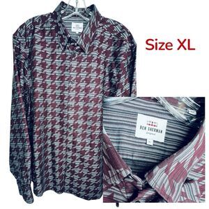 Ben Sherman Mens Stretch Paisley Button-Up Shirt Size XL Black Maroon LS Classic